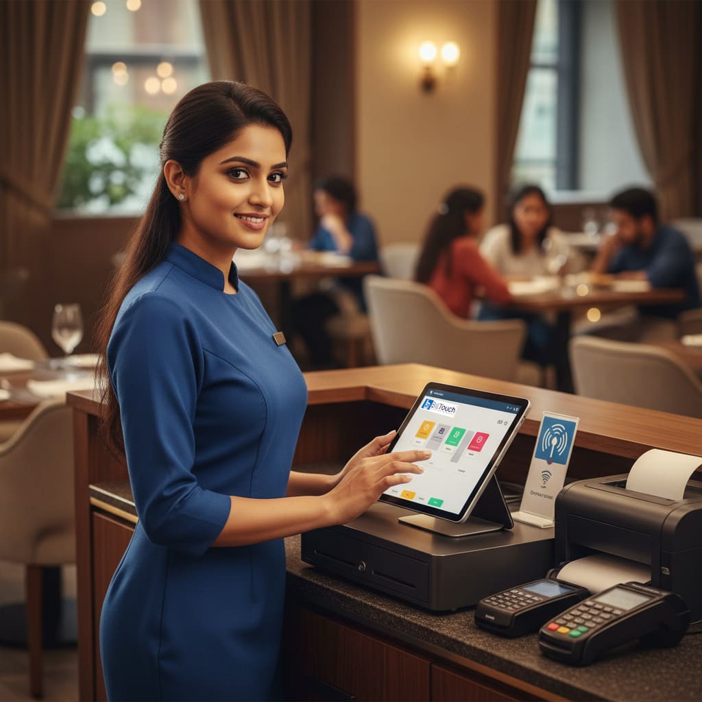 Beautiful South Indian female restaurant billing cashier in a blue uniform using a 12.9-inch tablet POS at a modern restaurant billing counter.
