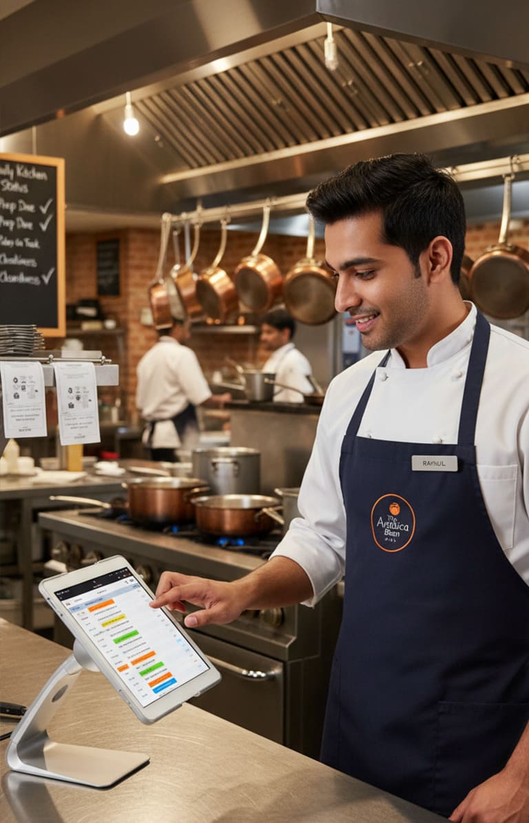 A handsome young Indian chef in a navy blue uniform apron and name tag, smiling while checking a white touch-screen order management system on a stainless steel counter in a professional kitchen.