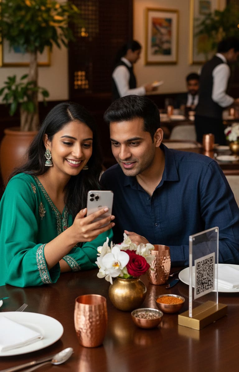 Indian couple scanning a QR code menu with a smartphone at a modern restaurant table using a digital restaurant billing software and POS system.