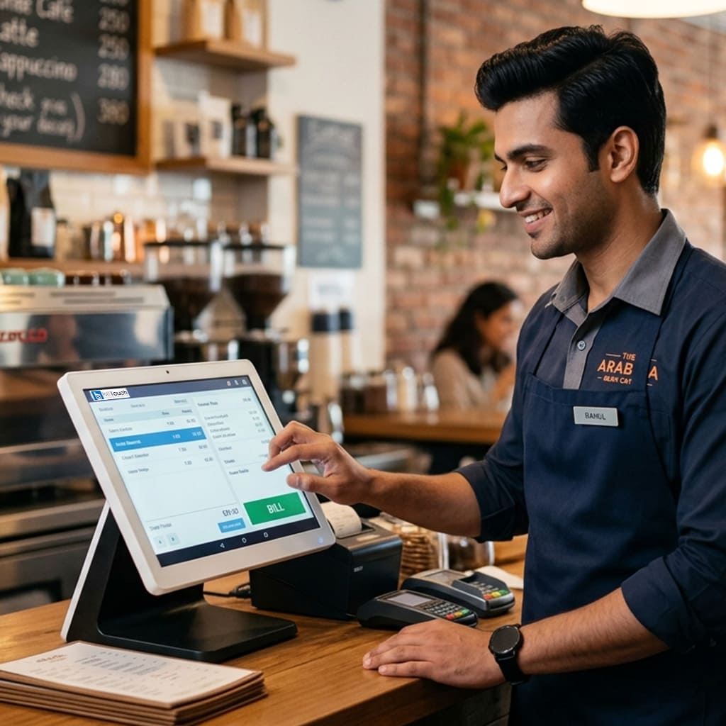 A handsome young Indian male cashier wearing a navy blue uniform apron and name tag, smiling while using a white touch-screen POS billing computer monitor at a busy, modern cafe counter.