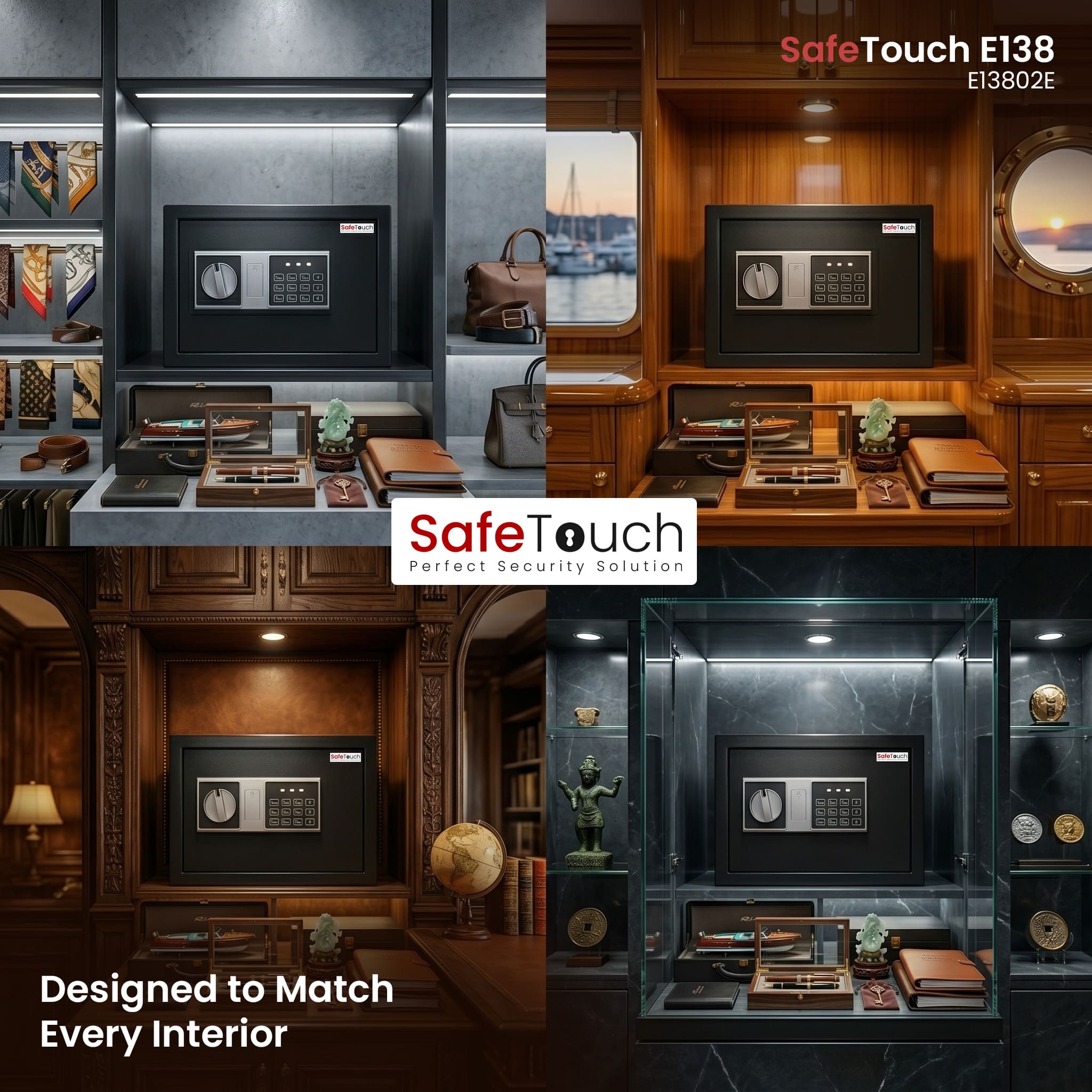 SafeTouch E13802E Digital Safe Locker displayed in modern luxury interiors, offering secure storage for cash, gold, jewelry, passports, important documents, and valuables.