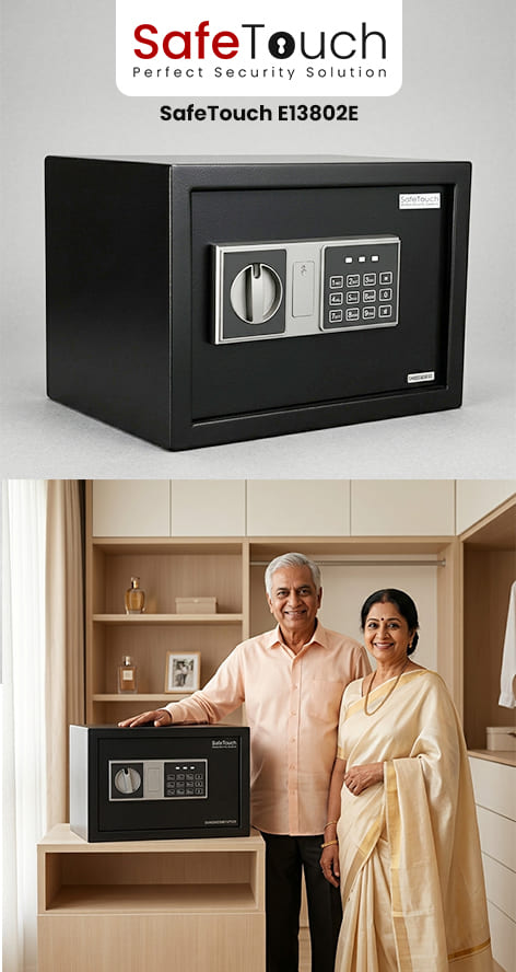 SafeTouch E13802E Digital Safe Locker with electronic password lock for securing cash, gold, jewelry, passports, certificates, and important documents at home or in the office.