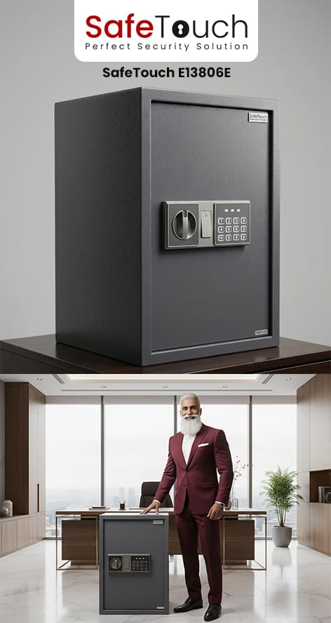 SafeTouch E13806E Digital Safe Locker for home and office, featuring an electronic password lock to securely protect cash, gold, jewelry, passports, important documents, and business valuables.