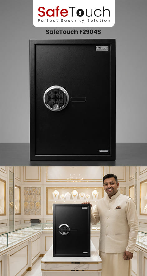 SafeTouch F2904S Fingerprint Digital Safe Locker with electronic keypad for securing cash, gold, jewelry, passports, important documents, and valuables in homes and offices.