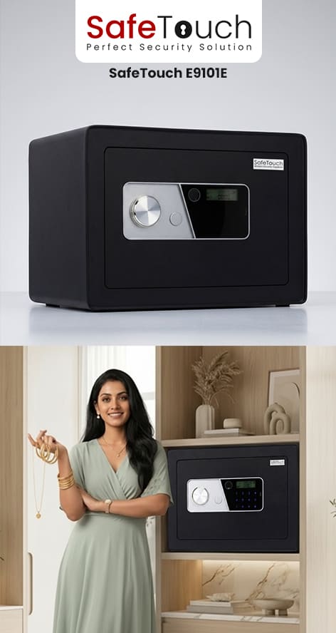 SafeTouch E9101E Digital Safe Locker with LCD display and electronic PIN lock for securing cash, gold, jewelry, passports, important documents, and valuables.